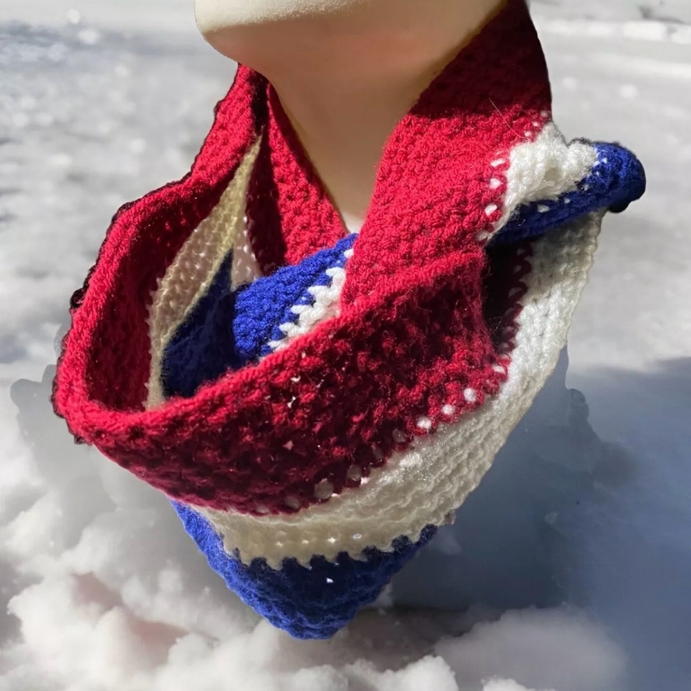Hand Knit Scarf Red, White, And Blue  58” Around Hemmed Complete Circle X 5.25”